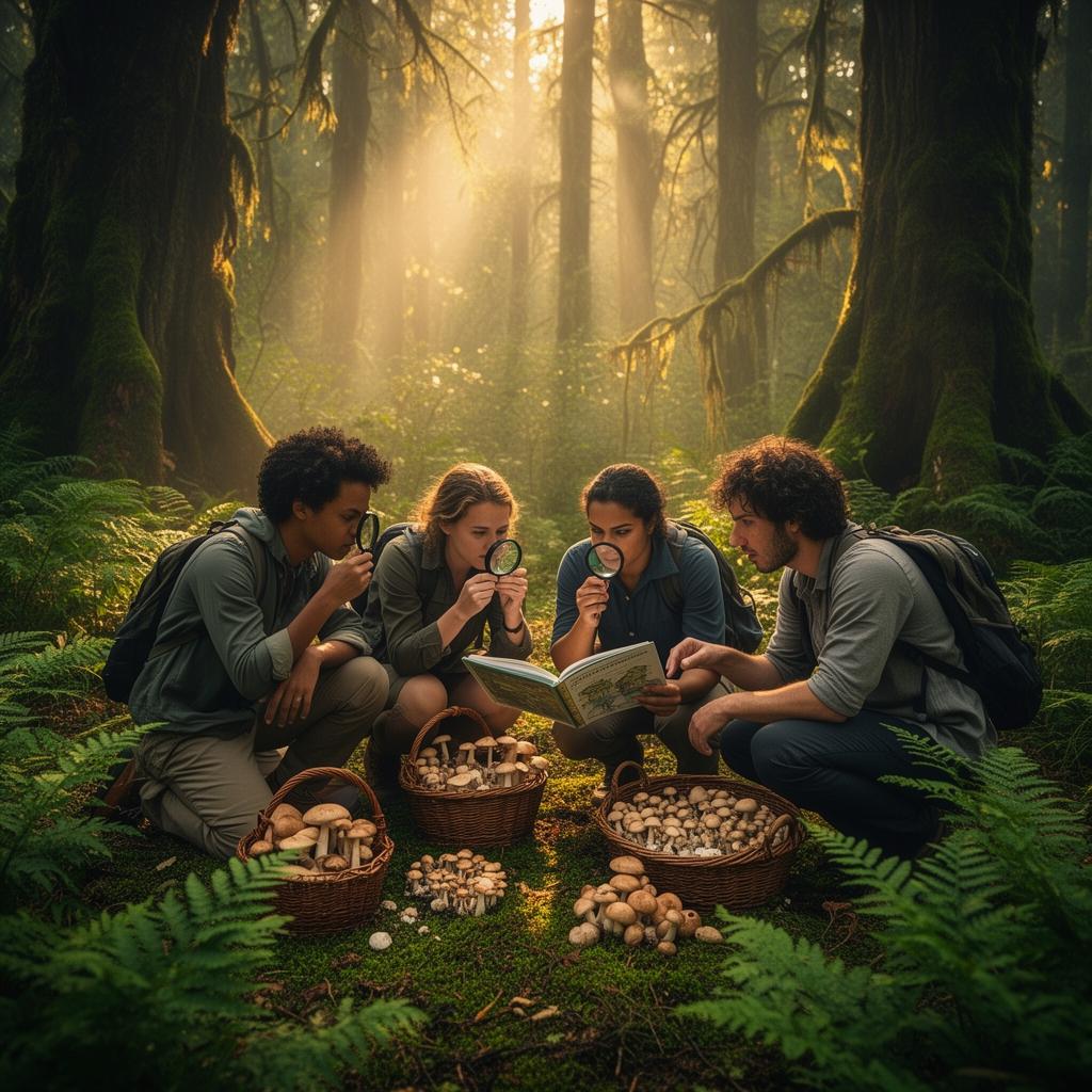 Citizen scientists examining mushrooms in nature