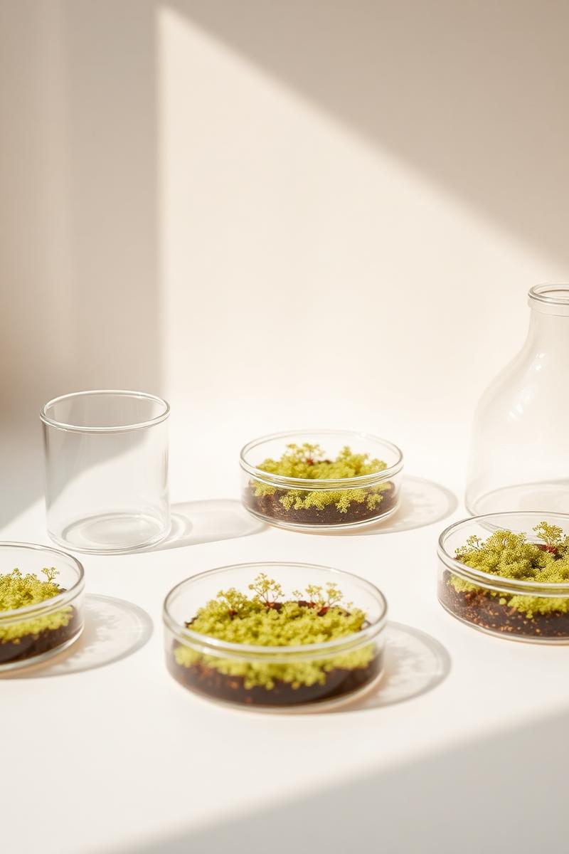 Minimalist laboratory with petri dishes and mycelium growth