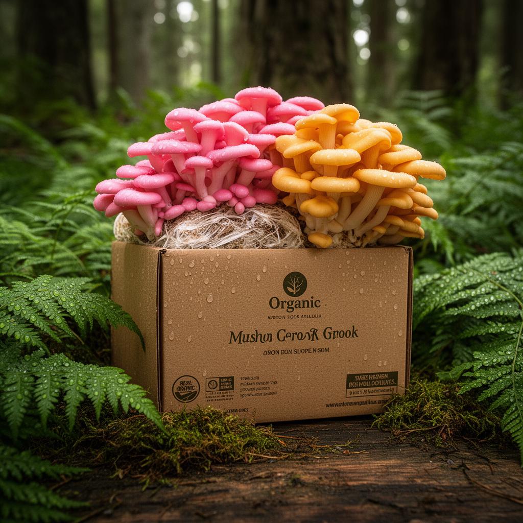 Minimalist mushroom grow kit packaging